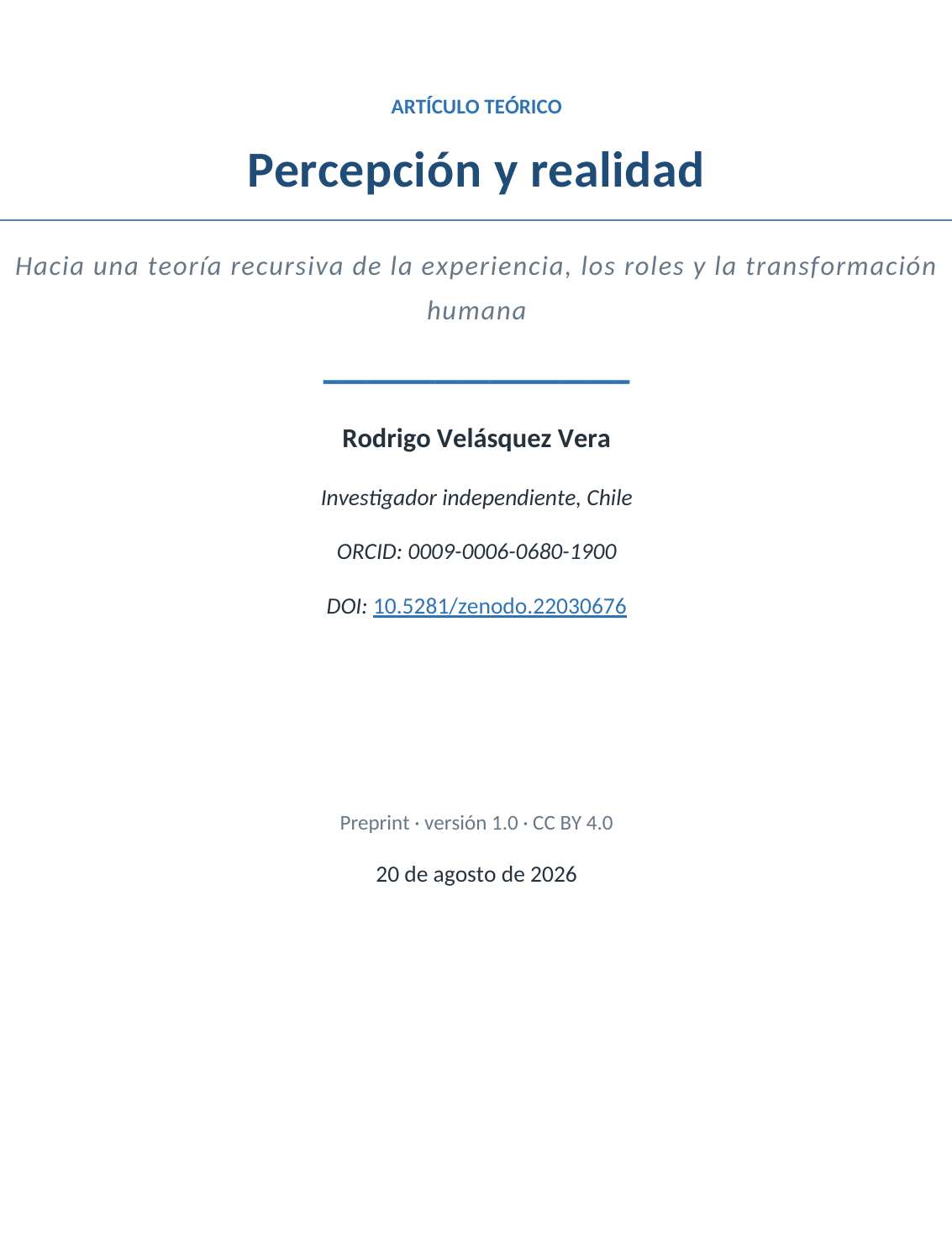 Portada del preprint Percepción y realidad, de Rodrigo Velásquez Vera, versión 1.0 de 2026.